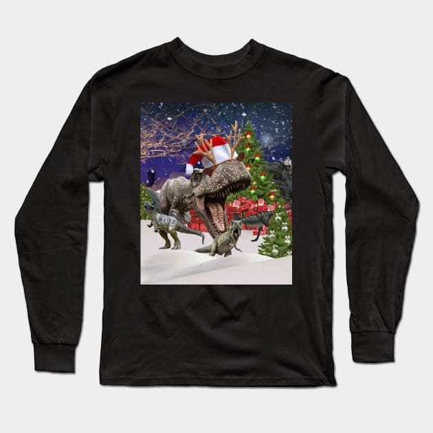 Christmas Dinosaur Family Kids Funny Long Sleeve T-Shirt by Random Galaxy